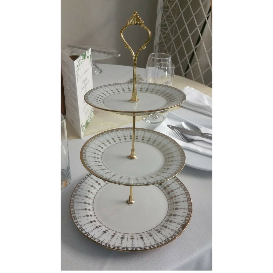 Three Tier Gold Stand with gold and white plates
